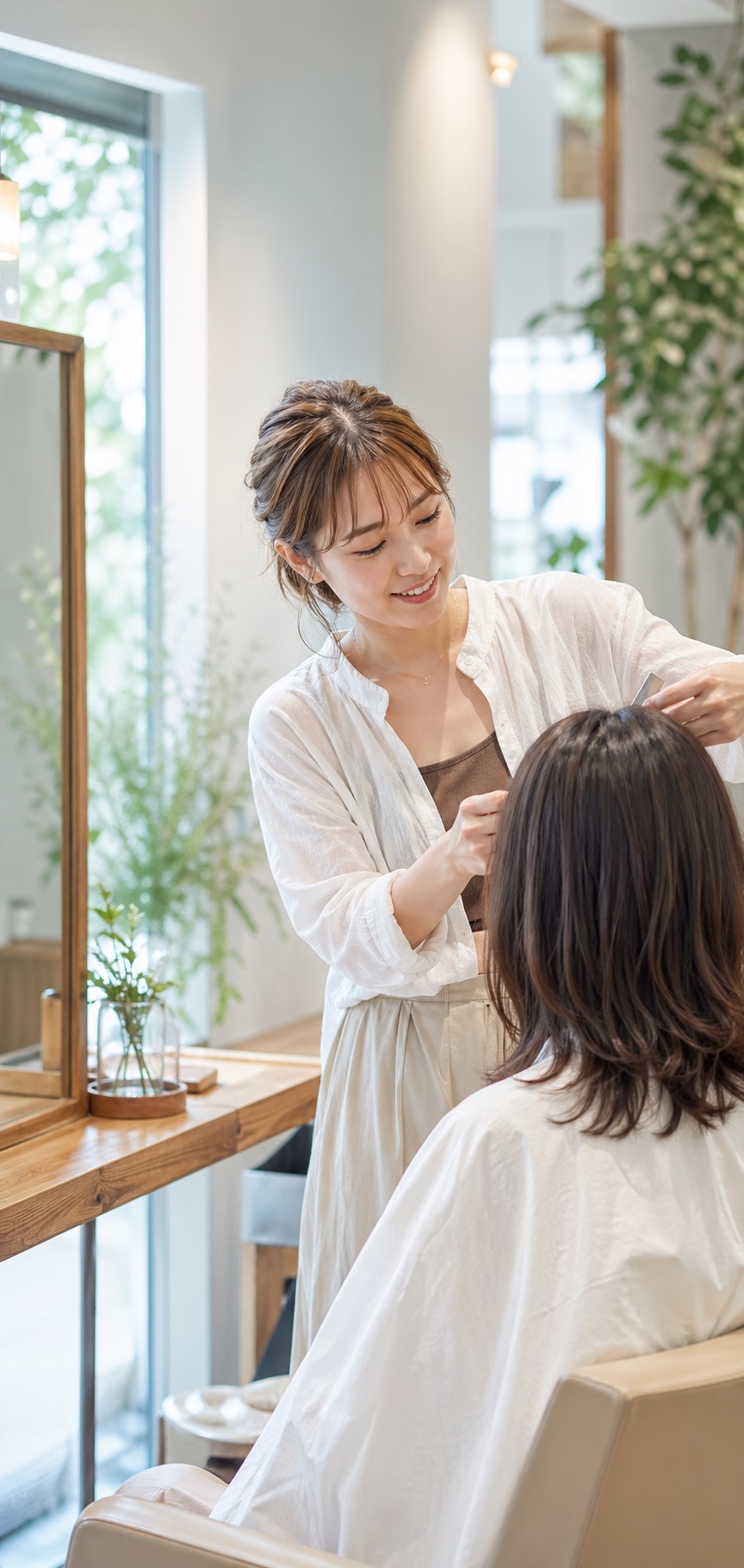 明るい美容室でスタイリストが施術している様子